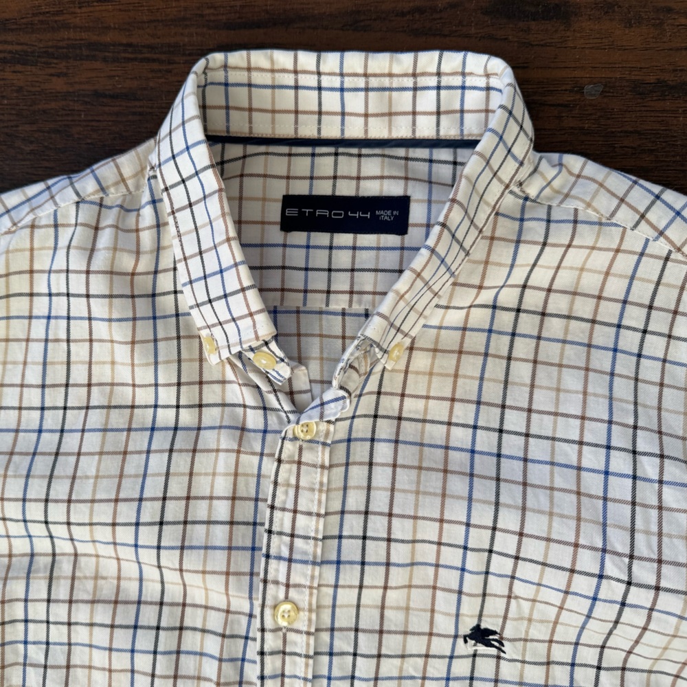 Etro Shirt Mens 44 white brown Blue Long Sleeve Button Up Casual‎ Italy